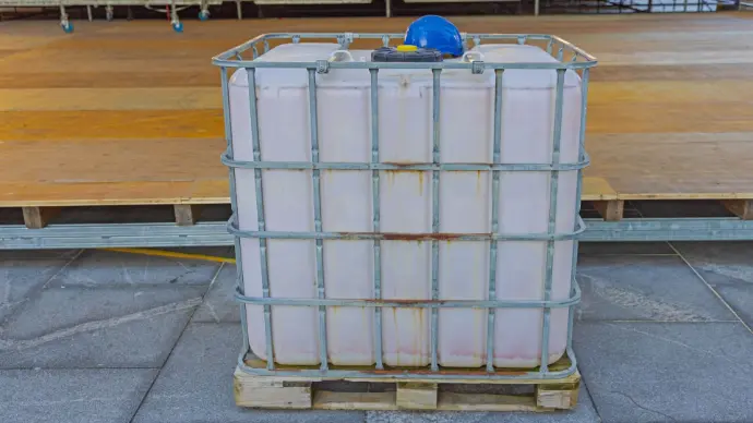 Waste and water tanks installed beside construction trailer